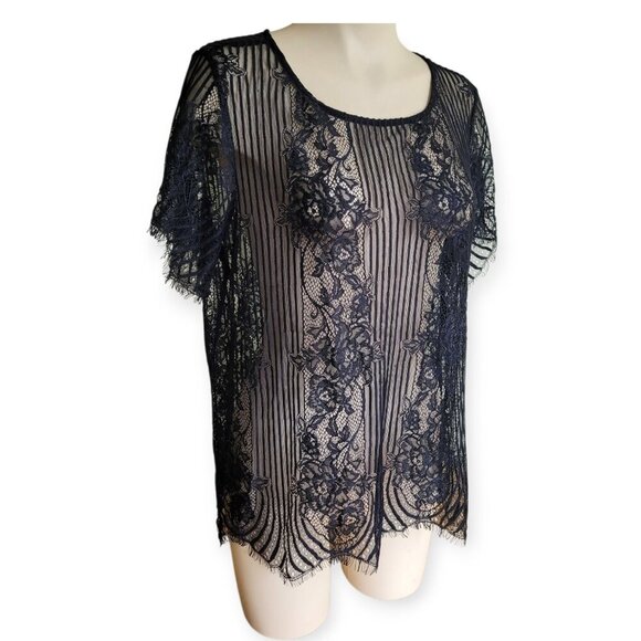 For Love and Lemons Black Semi-Sheer Lace Overlay Top Size L - Picture 2 of 11
